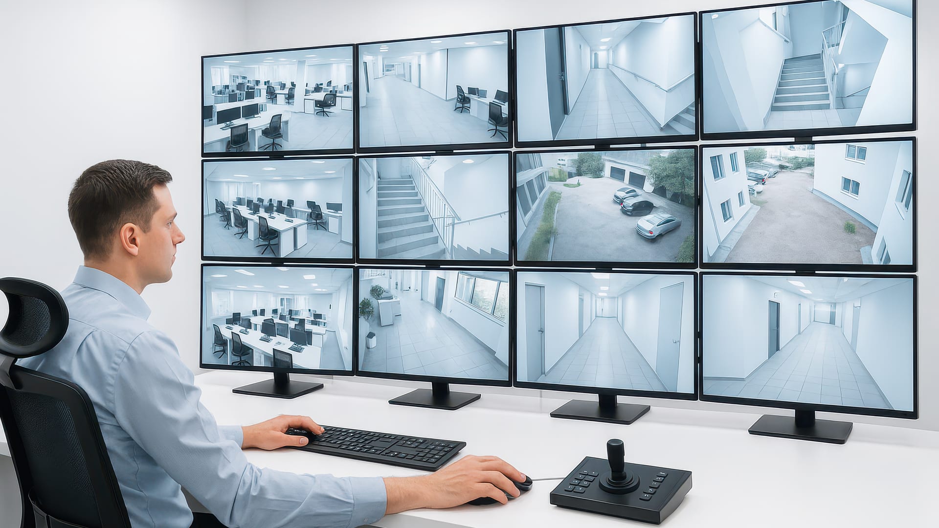 Professional CCTV monitoring operations center with live camera feeds